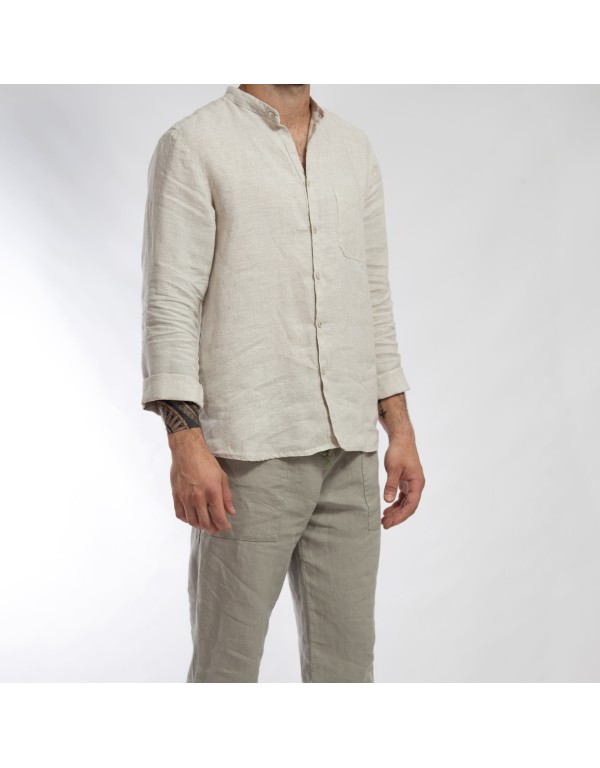 SOAN CHARCOAL GREY LINEN MAO COLLAR SHIRT