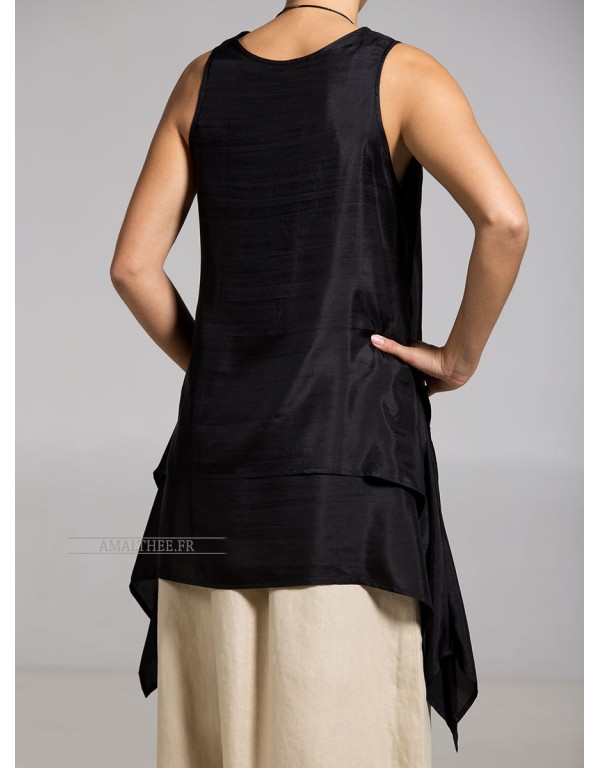 top en voile de soie noir long