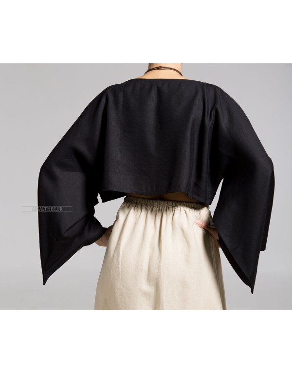 TOP 'JAPAN' IN BLACK LINEN WITH KIMONO SLEEVES