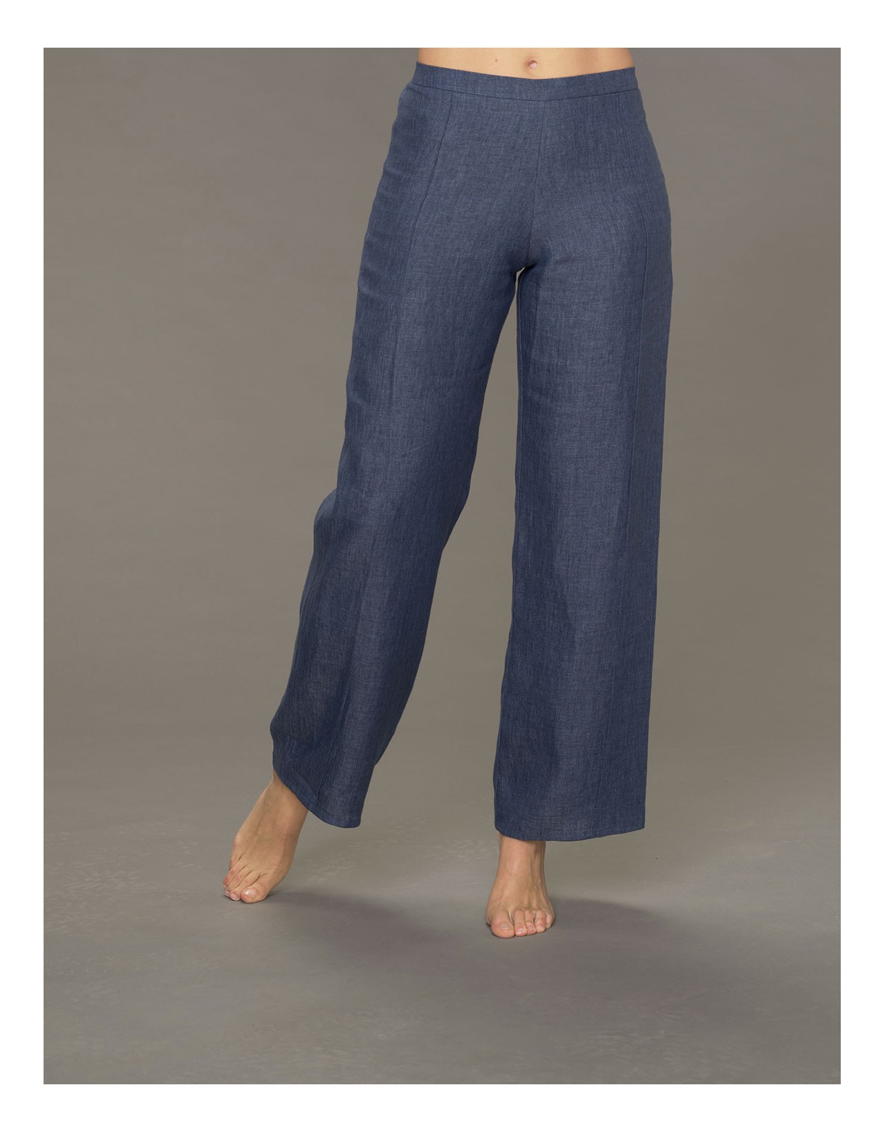 Pantalon Eden surpiqué en lin bleu jean
