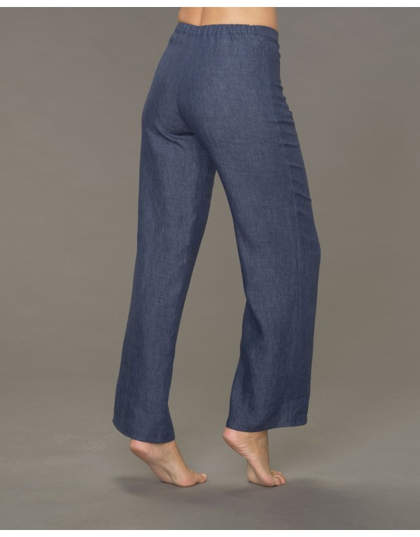 DENIM BLUE LINEN TOPSTITCHED EDEN TROUSERS