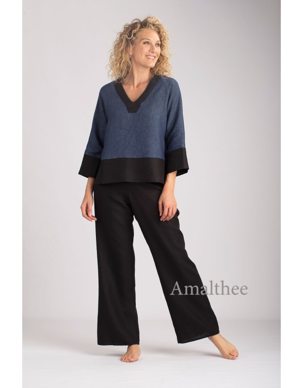 MAEVA LINEN TOP TWO TONE BLACK JEAN