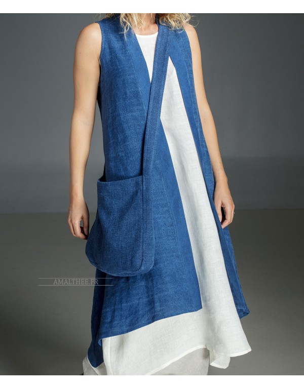 LONG BLUE INDIGO SUMMER LINEN VEST AND LINEN TUNIC