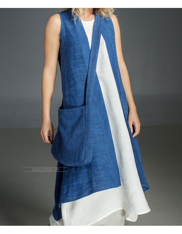 LONG BLUE INDIGO SUMMER LINEN VEST