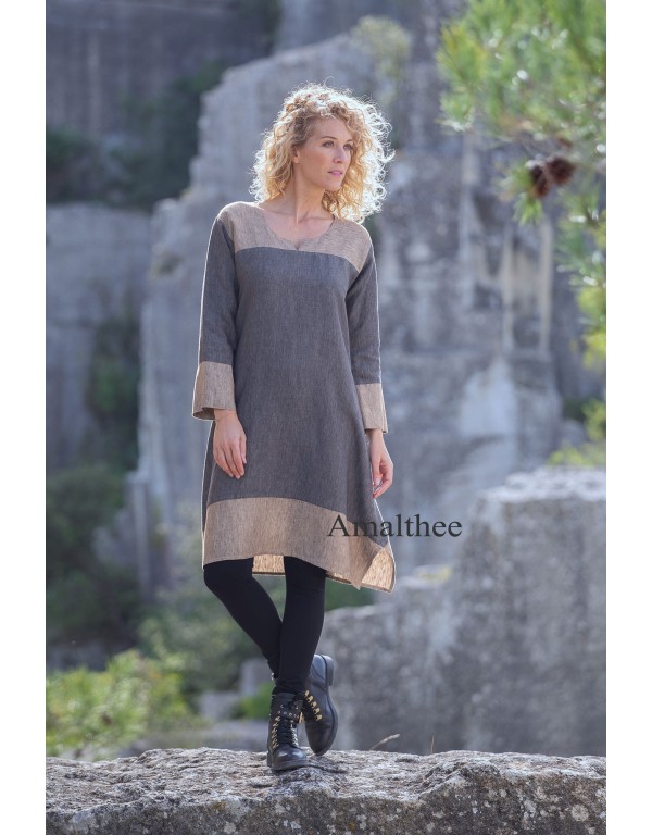 ELISA TUNIC IN CHAMBRAY LINEN, SLATE GRAY/TAUPE TWO TONE DRESS VERSION
