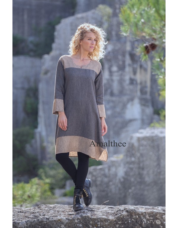 Tunique Elisa en lin chambray version robe bicolore gris ardoise /taupe