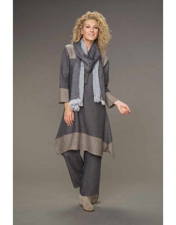 Tunique Elisa en lin chambray version robe bicolore gris ardoise /taupe