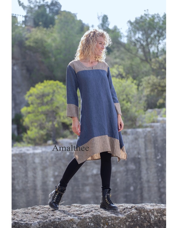 Tunique Elisa en lin chambray version robe bicolore bleu jean /taupe