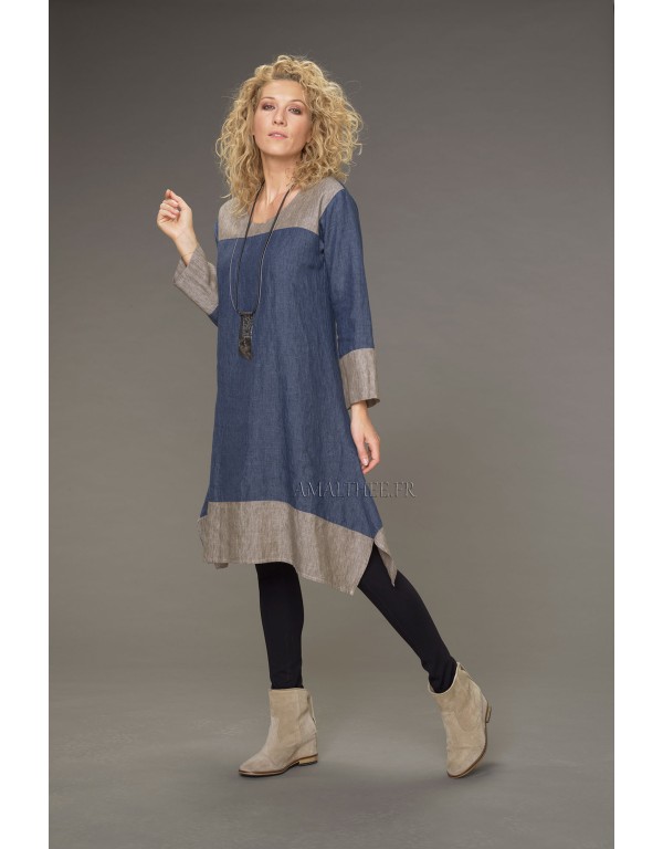 Tunique Elisa en lin chambray version robe bicolore bleu jean /taupe