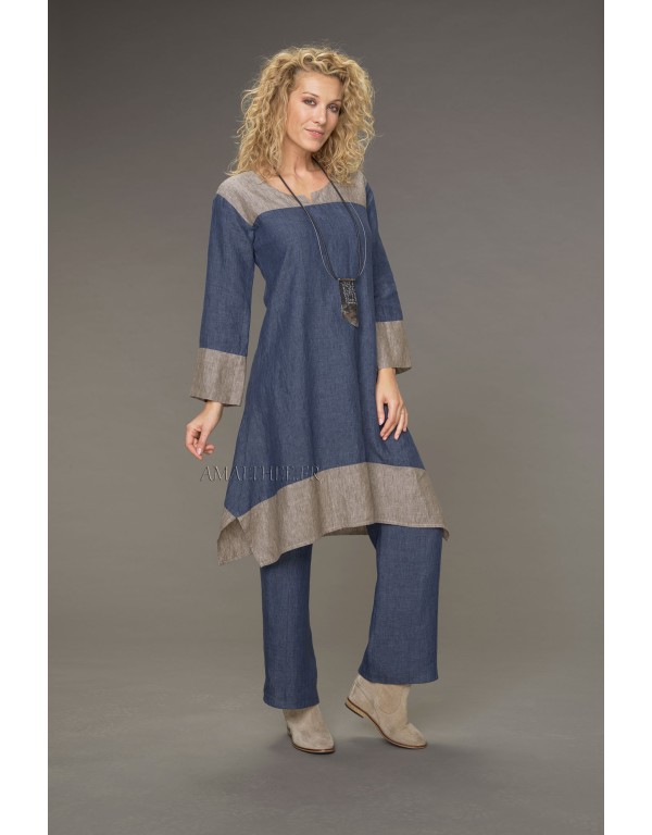 Tunique Elisa en lin chambray version robe bicolore bleu jean /taupe