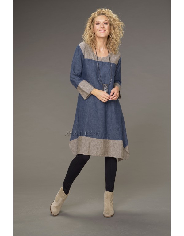 Tunique Elisa en lin chambray version robe bicolore bleu jean /taupe