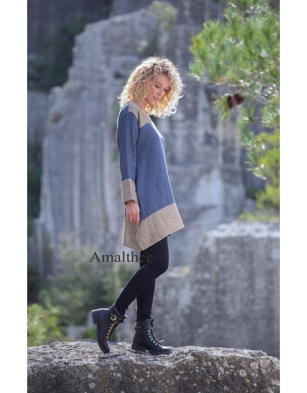 ELISA TUNIC IN CHAMBRAY LINEN, DENIM BLUE/TAUPE TWO TONE SHORT VERSION