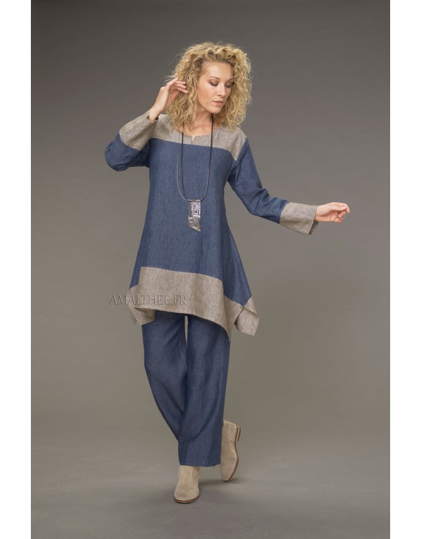 Tunique Elisa en lin chambray version courte bicolore bleu jean /taupe