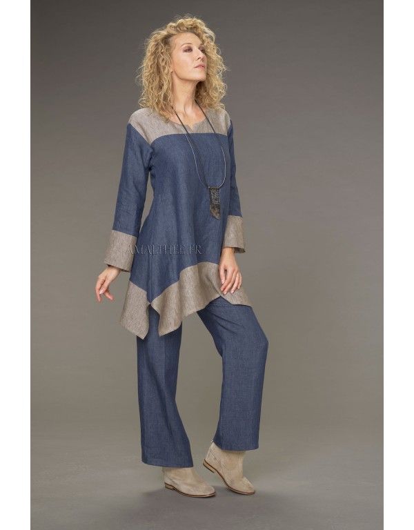 Tunique Elisa en lin chambray version courte bicolore bleu jean /taupe