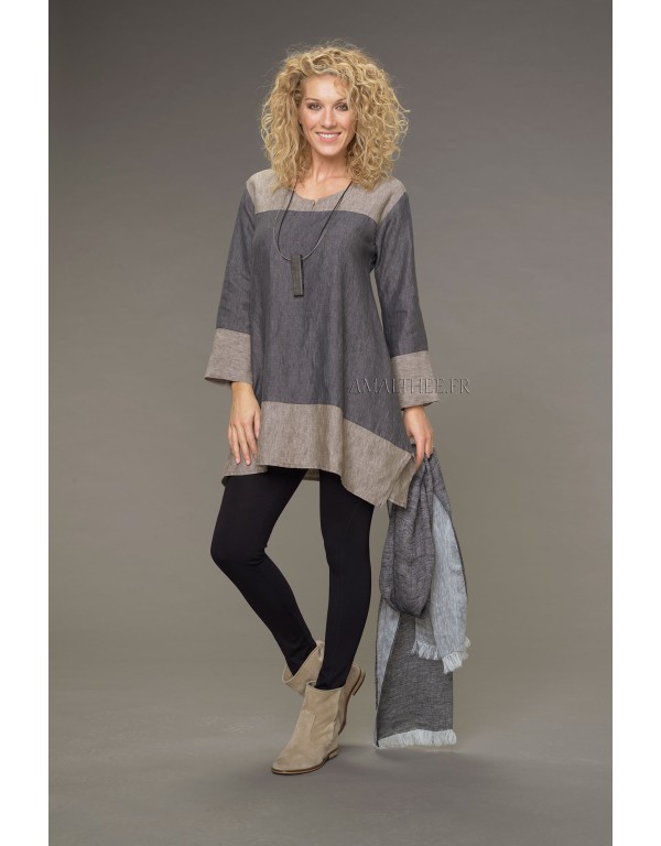 Tunique Elisa en lin chambray version courte bicolore gris ardoise /taupe