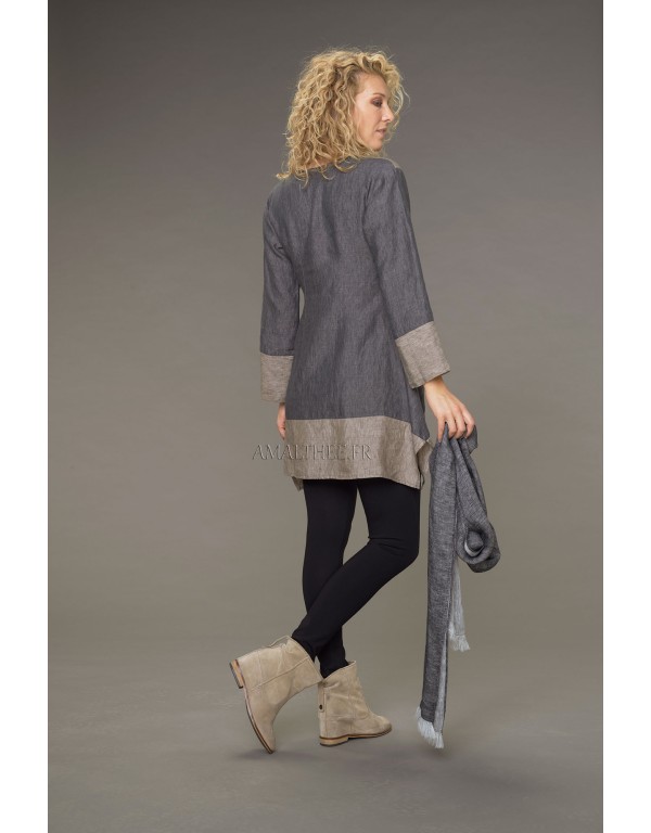ELISA TUNIC IN CHAMBRAY LINEN, SLATE GRAY/TAUPE TWO TONE SHORT VERSION