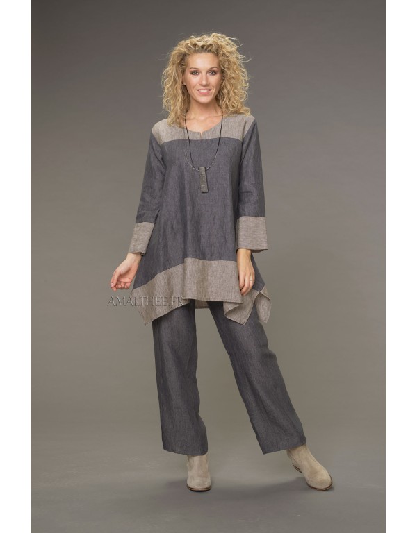 Tunique Elisa en lin chambray version courte bicolore gris ardoise /taupe