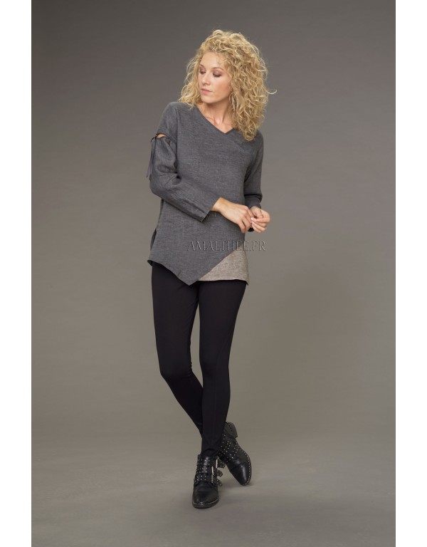 Top Camille en lin chambray bicolore gris pierre/taupe (avec lien fantaisie)