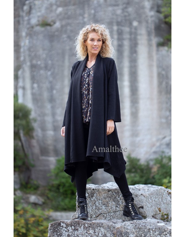 Manteau Adèle long en lin laine noir