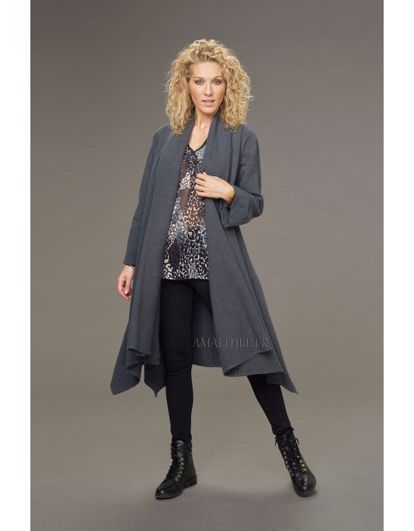 ADELE LONG ANTHRACITE GRAY WOOL LINEN COAT