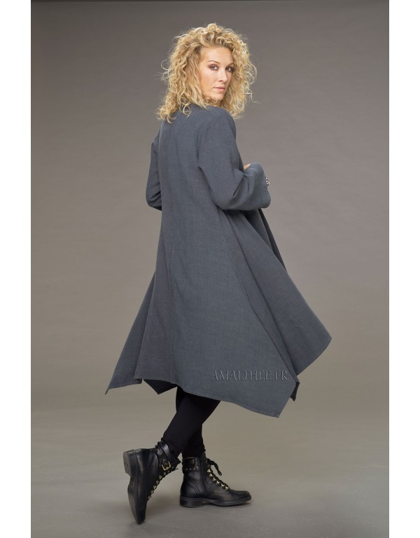 Manteau Adèle long en lin laine bleue grisé